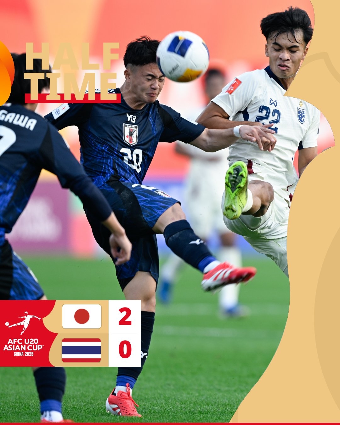  半場(chǎng)-日本U20 2-0領(lǐng)先泰國U20，石井久繼破門+中柱 泰國0射正