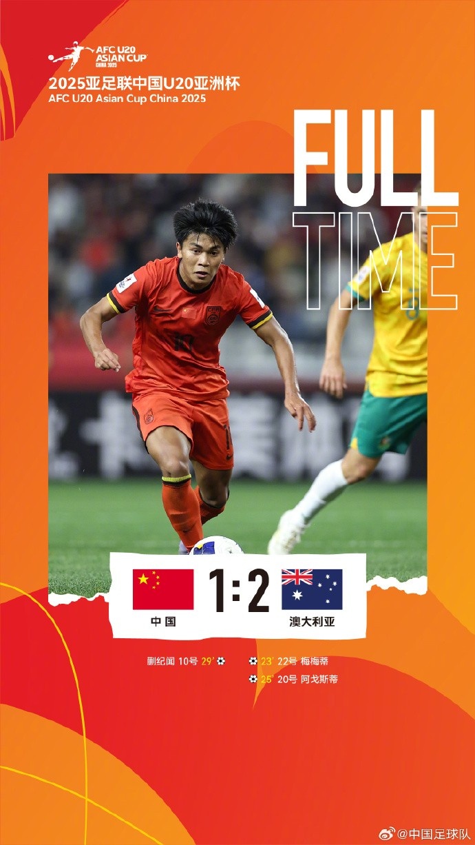 U20亞洲杯小組賽A組第三輪，中國(guó)隊(duì)1比2負(fù)于澳大利亞隊(duì)