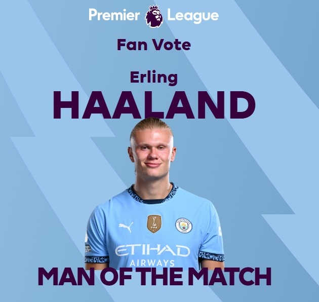  打進(jìn)致勝球！英超官方：哈蘭德當(dāng)選曼城1-0熱刺全場最佳球員