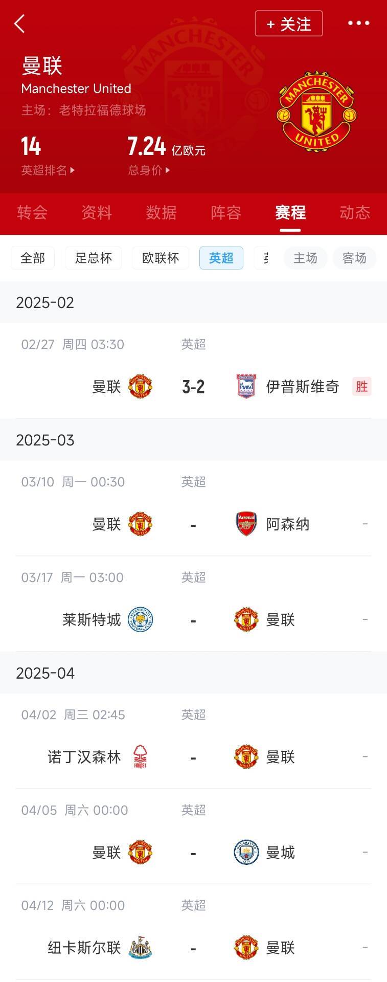  藍狐救一下？曼聯(lián)未來5輪將遭遇英超2/3/4/6名：槍手森林曼城紐卡